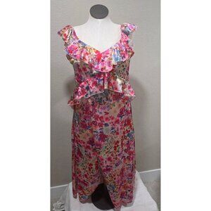 Floral Ruffle Maxi Dress With Side Slit - Pink & Multicolor - Crystal Doll XL